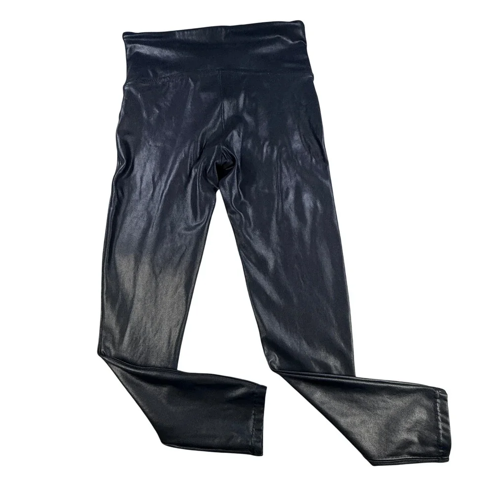 Spanx Leggings‎ Women L Petite Black Faux Leather High Waisted Shimmer Slimming